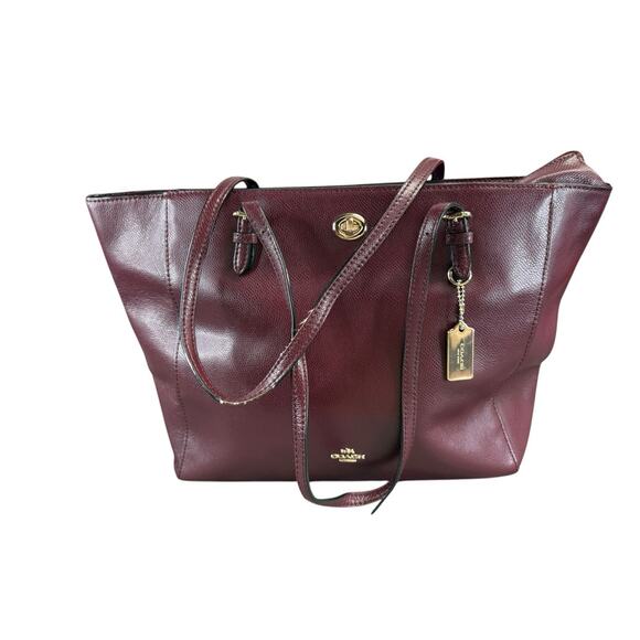 Coach Turnlock Leather Tote Bag Oxblood Burgundy Pebbled Gold Hardware - Picture 5 of 14